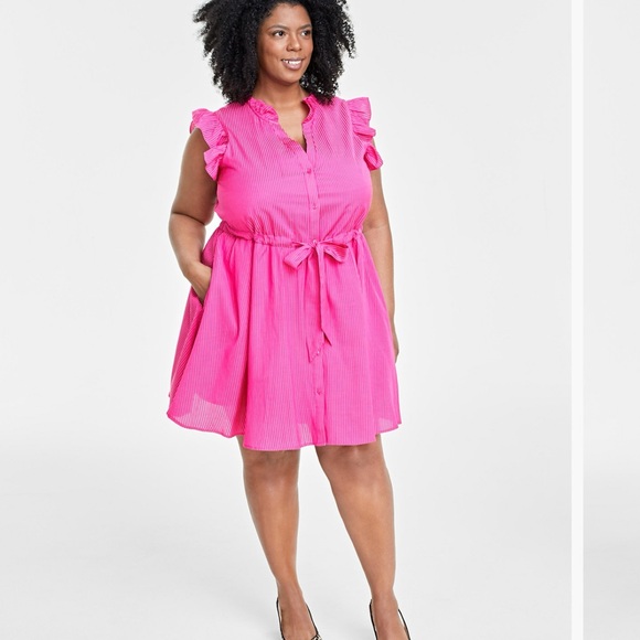 Pink Flutter-Sleeve Shirtdress, - Picture 2 of 6